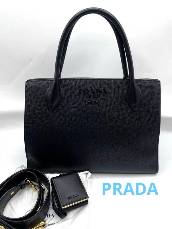 Prada Saffiano Monochrome 2-way Tote Bag Black Leather Handbag Shoulder Bag