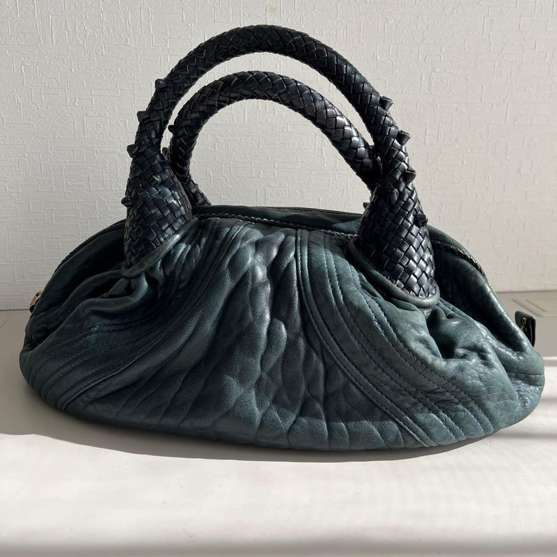 Fendi Shoulder Bag Handbag Leather Navy Braided Handle Zipper Wrinkled Design