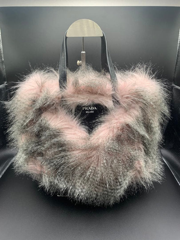 Prada Faux Fur Tote Bag Handbag Pink Gray