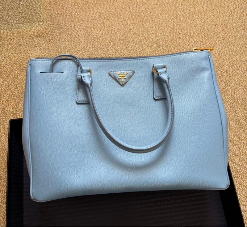 Prada Saffiano Leather Handbag Light Blue Detachable Shoulder Strap Tote Bag