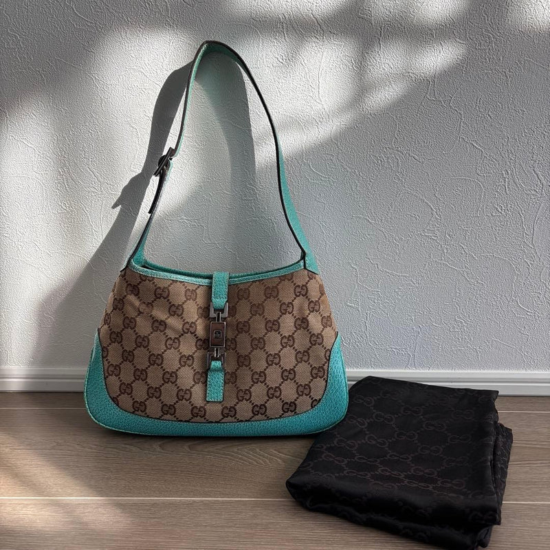 Gucci Jackie Handbag Gg Pattern Turquoise Blue Canvas