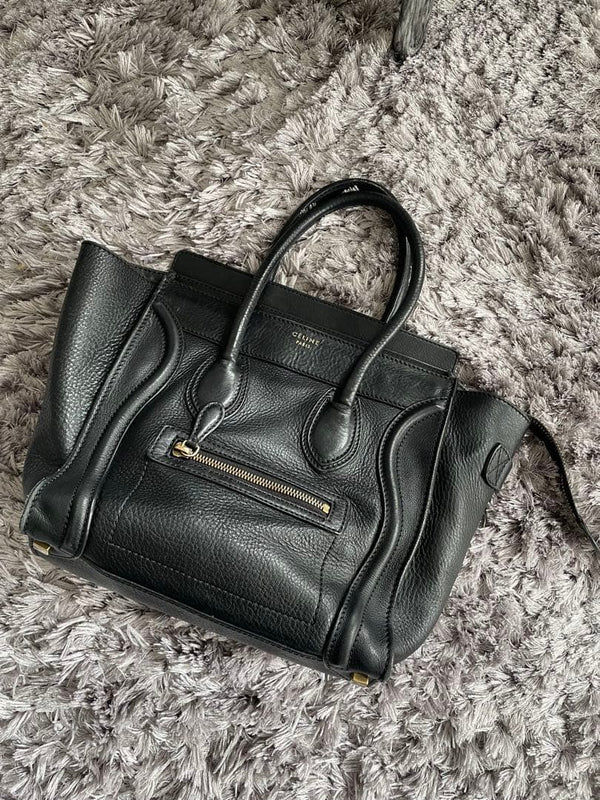 Celine Luggage Tote Handbag Black Drummed Calf Leather