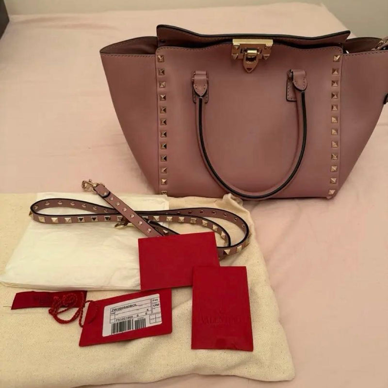 Valentino Rockstud 2WAY Tote Bag Pink Leather Shoulder Handbag