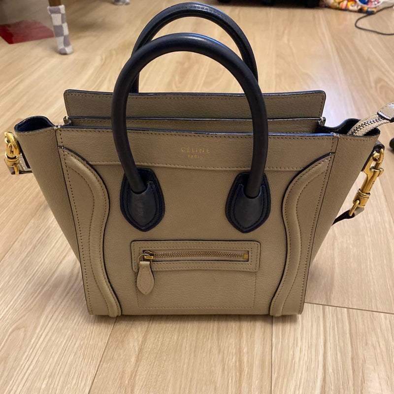 Celine Luggage Nano Handbag Shoulder Bag Beige Navy Leather