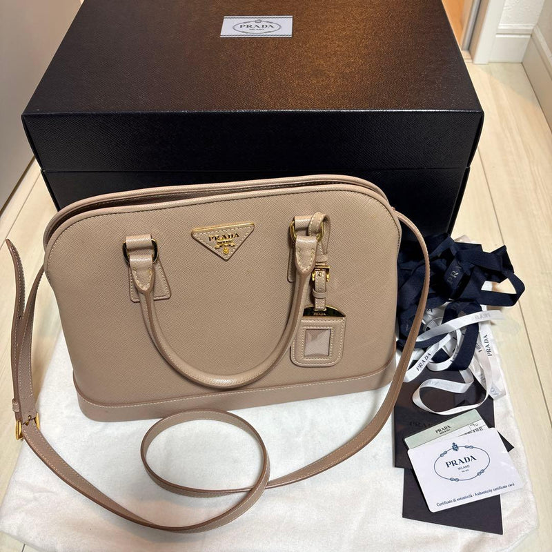 Prada Saffiano Leather Handbag Tote Shoulder Bag Pink Beige