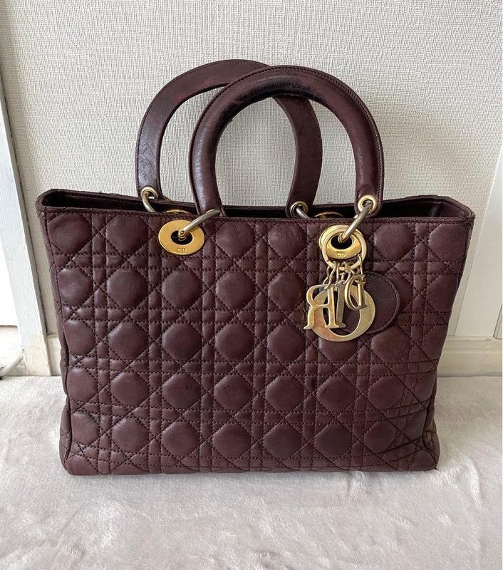 Christian Dior Lady Dior Handbag Brown Lambskin Gold Hardware