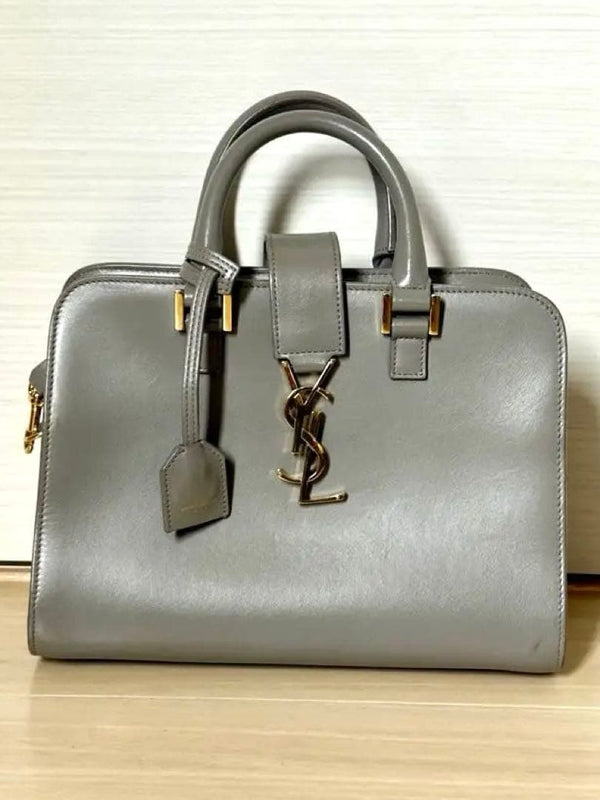 Saint Laurent Handbag Shoulder Bag Leather Gray With Logo Plate Double Handle