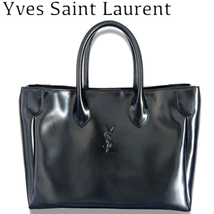 Logo Engraved Handbag Tote Bag Leather Black