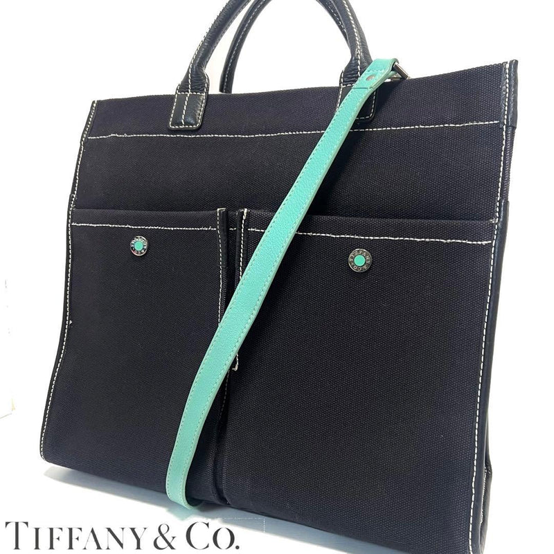 Tiffanyco. Canvas Leather 2-Way Handbag Shoulder Bag Black Tiffany Blue