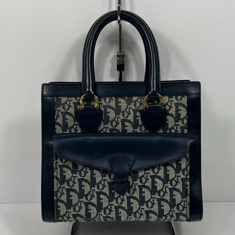 Christian Dior Trotter Handbag Canvas Calfskin Navy