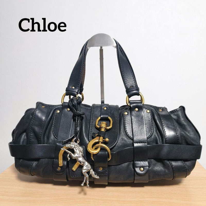 Chloe Kerala Handbag Shoulder Bag Leather Black Brass Horse Charm