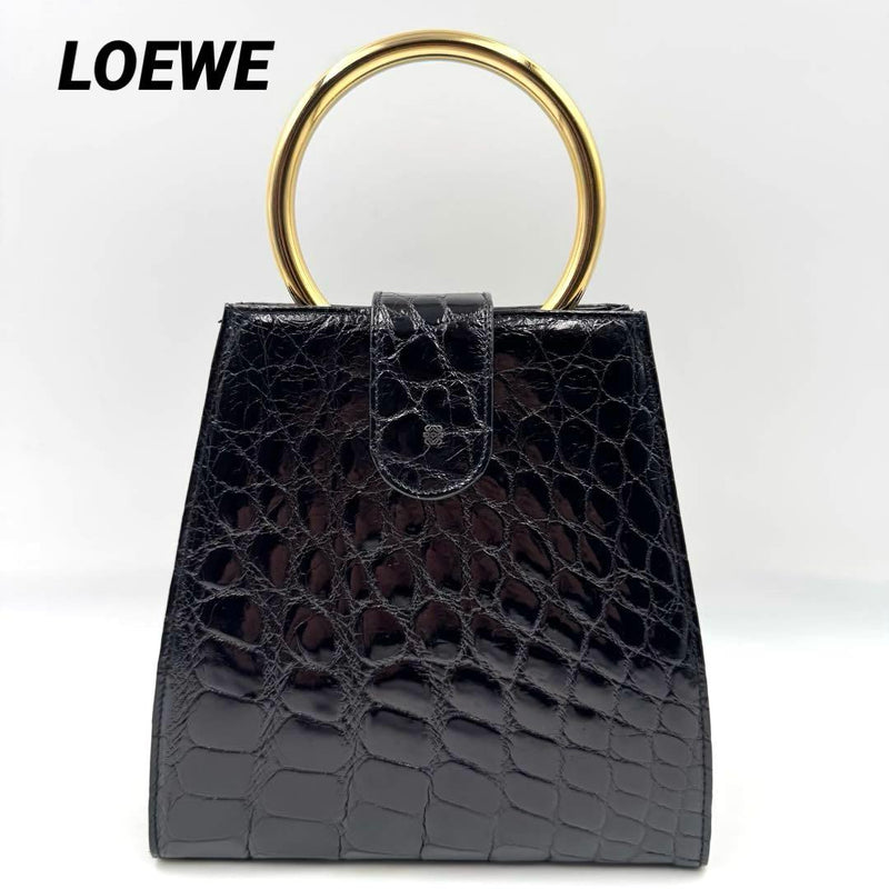 Loewe Anagram Handbag Crocodile Leather Black Gold Hardware