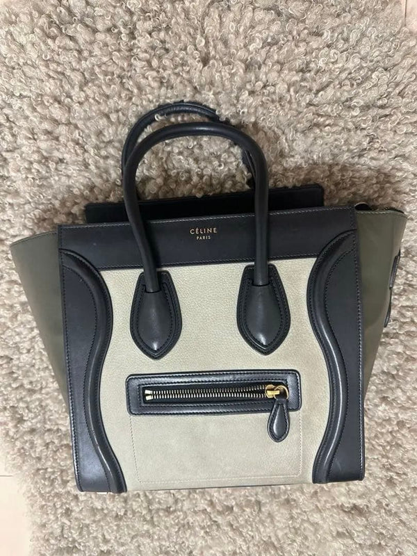 Celine Handbag Leather Canvas Beige Black With Front Pocket