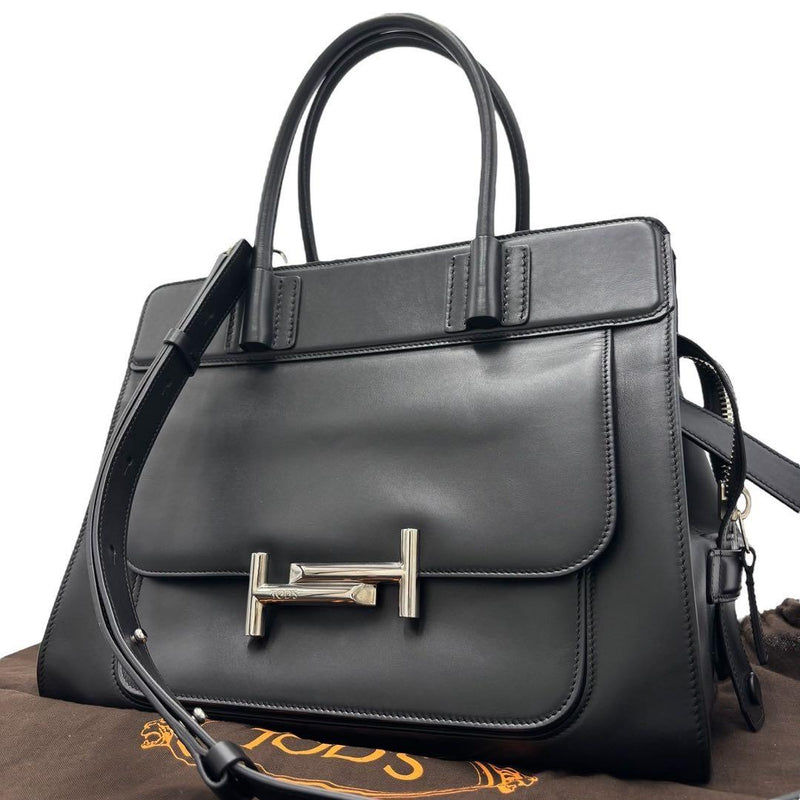 Tods Double T 2 Way Handbag Shoulder Bag Smooth Leather Black