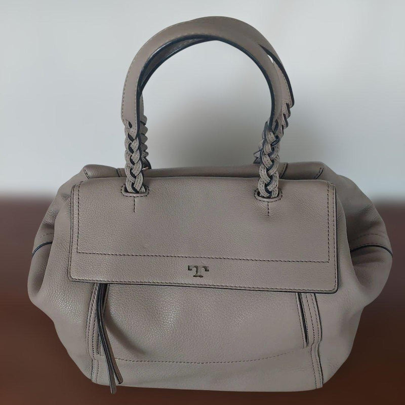 Tory Burch Handbag Shoulder Bag Shrink Leather Braided Handles Gray