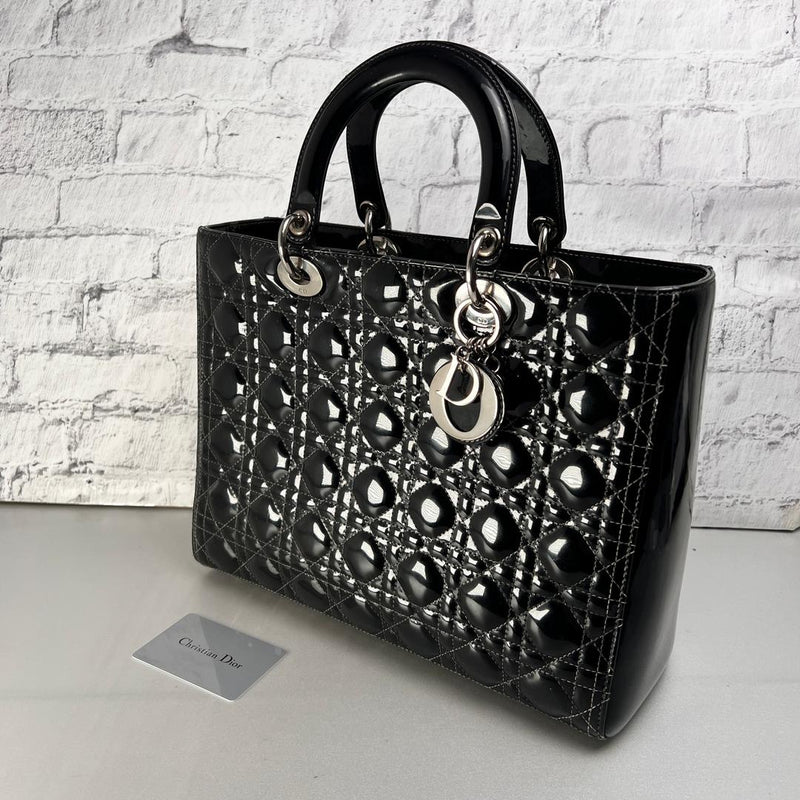 Cannage A-12707 Handbag Enamel Patent Leather Black Silver Hardware