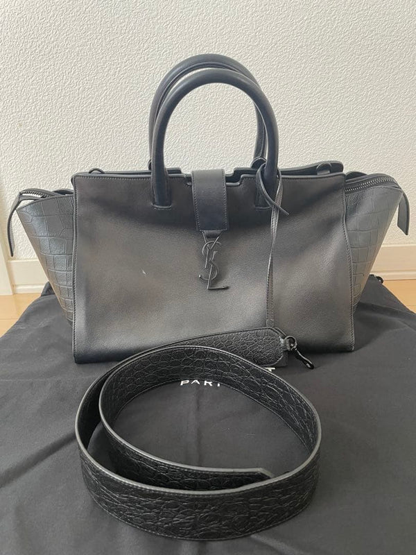 Saint Laurent Baby Downtown Cabas 2way Shoulder Bag Black Crocodile Embossed