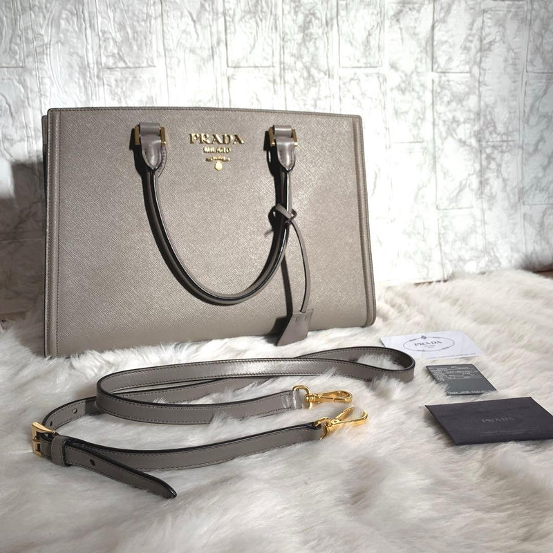 Prada Saffiano Leather 2-Way Handbag Shoulder Bag Gold-tone Hardware