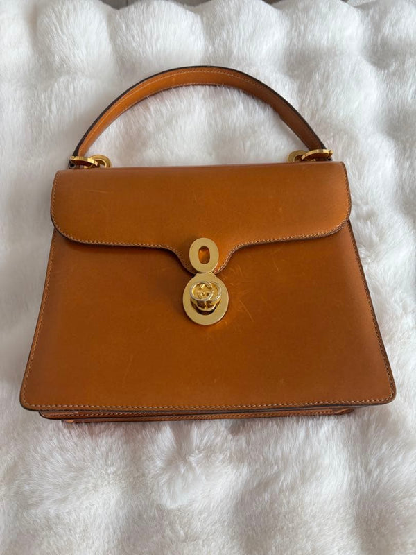 Gucci Flap Handbag Shoulder Bag Brown Leather Gold-tone Hardware
