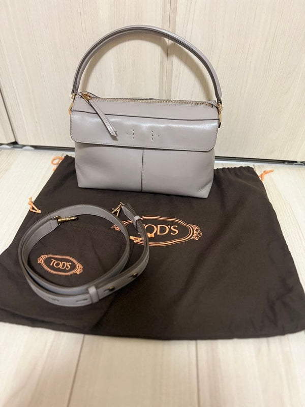 Tods Handbag Shoulder Bag Leather Gray Beige