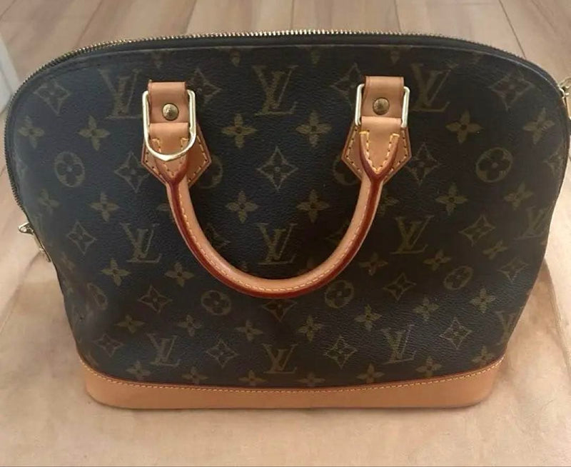 Monogram Handbag Leather Dark Brown Beige