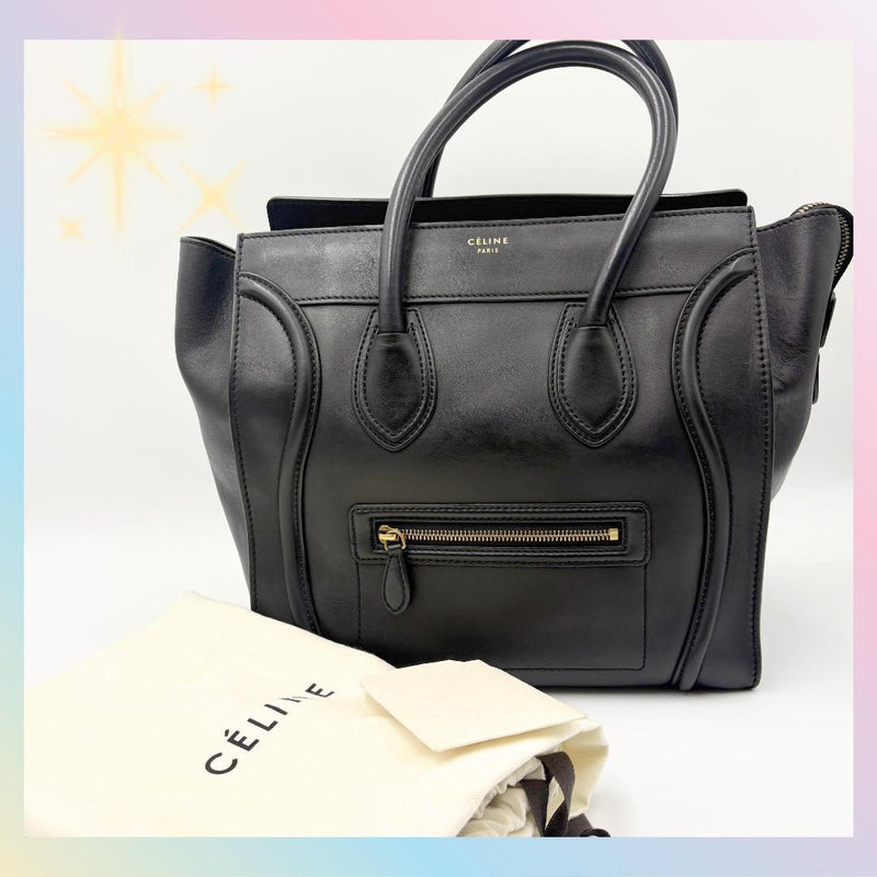 Celine Luggage Mini Shopper Handbag Leather Black Gold Hardware