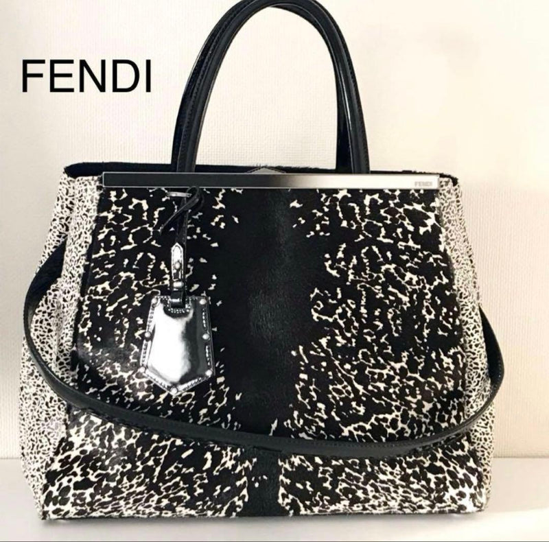 Fendi Deux Jours 2 Way Handbag Shoulder Bag Calf Hair Black White