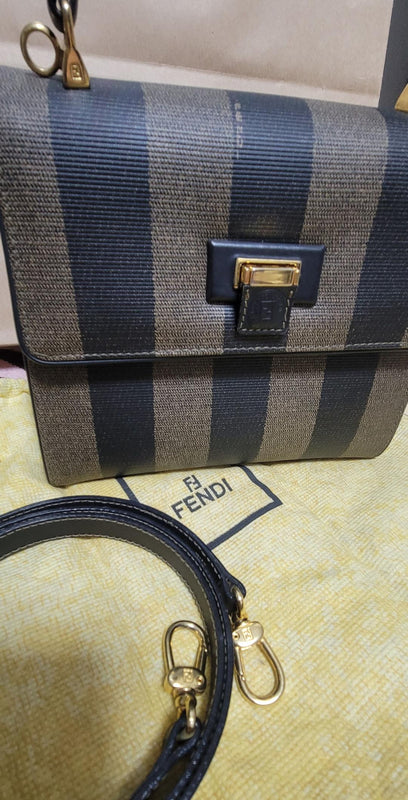Fendi 2-Way Shoulder Bag Handbag Pvc Leather Black Khaki Gold Hardware
