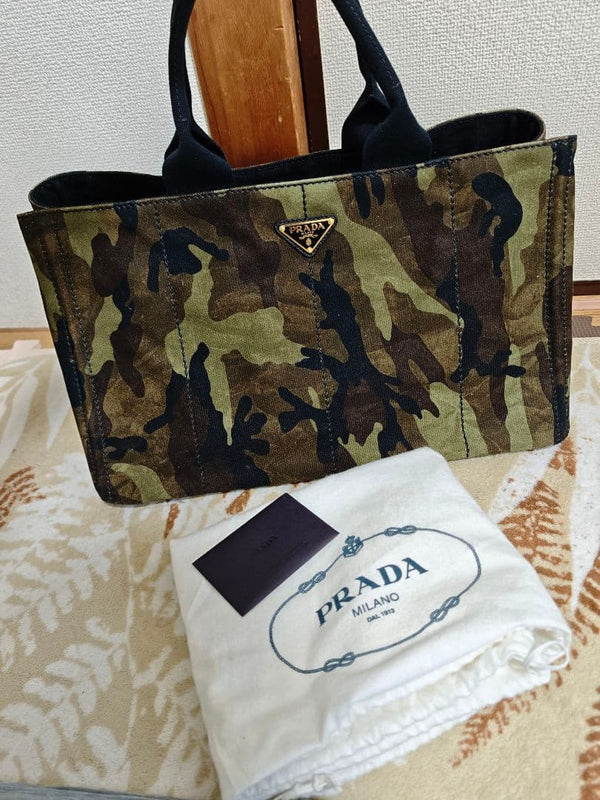 Prada Camouflage Canvas Handbag Tote Medium Tag