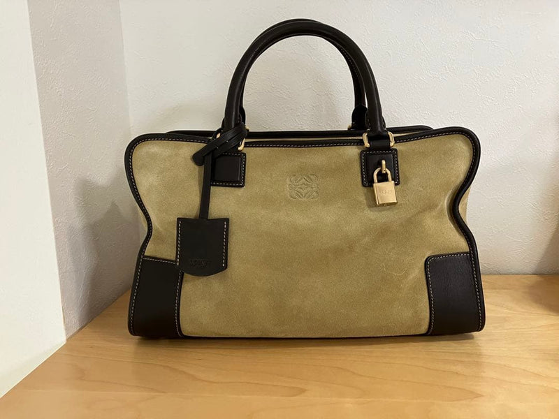 Loewe Amazona 35 Boston Handbag Suede Leather Brown Beige
