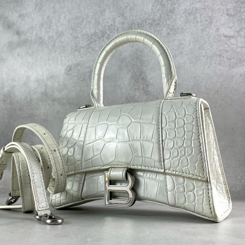 Balenciaga Hourglass Xs 2-Way Handbag White Croc Embossed Leather