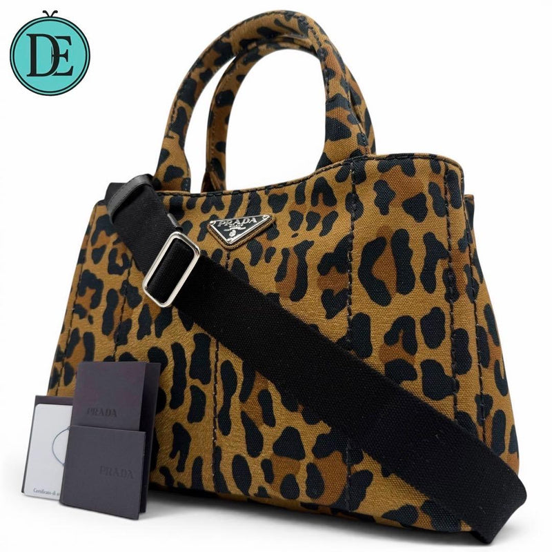 Prada Canapa Leopard Print 2-Way Handbag Shoulder Bag Canvas Silver Hardware