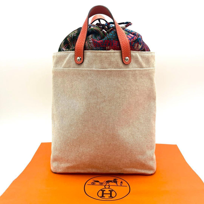 Hermes Petit H Handbag Tote Canvas Leather Silk White Orange Silver Hardware