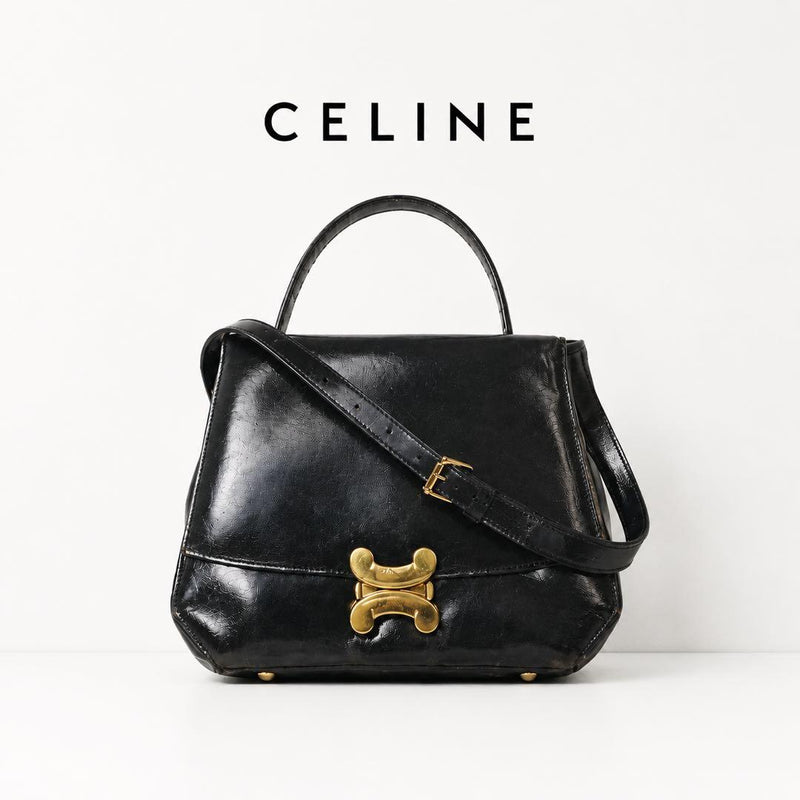 Celine Triomphe Handbag Black Leather Gold Hardware 2WAY Shoulder Bag