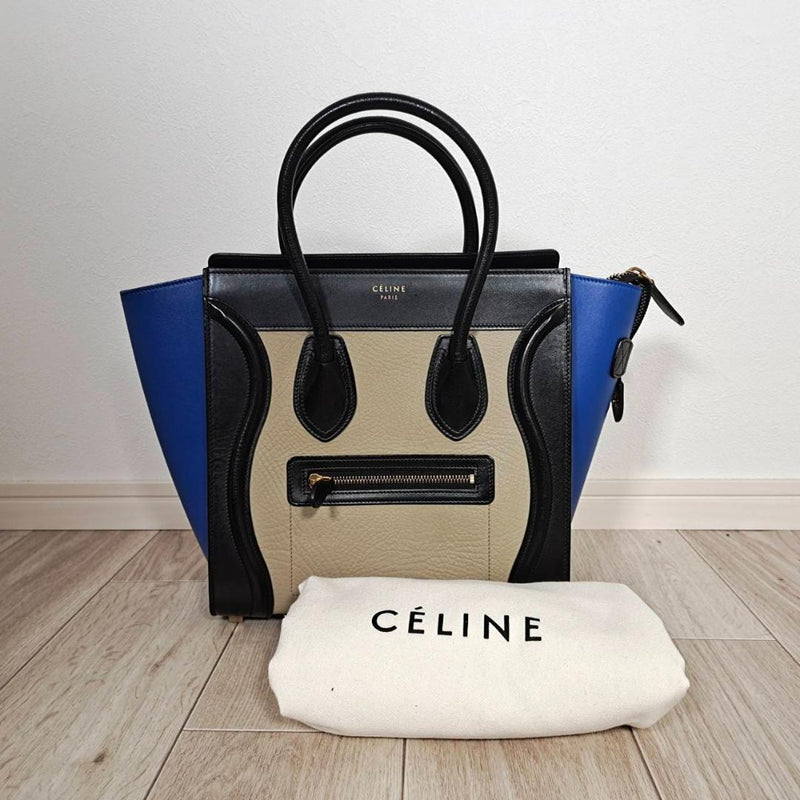 Celine Luggage Micro Shopper Handbag Tote Leather Black Blue Beige Gold Hardware
