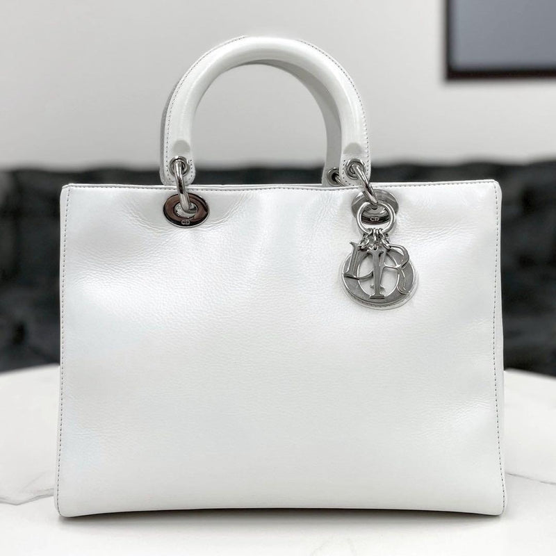 Dior Lady Dior Large Handbag Lambskin White Leather Silver Hardware