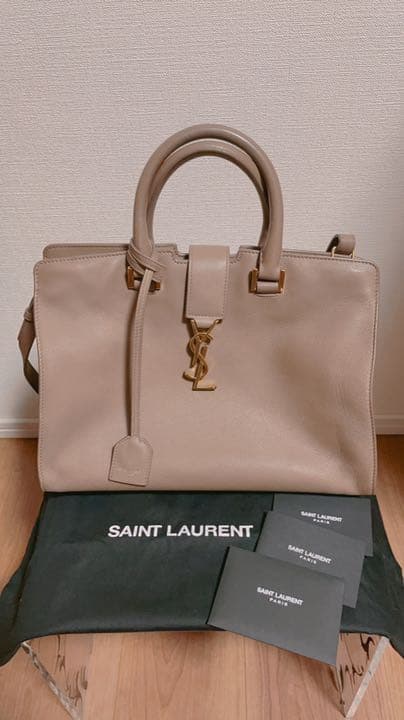 Saint Laurent Paris Cabas 2WAY Handbag Shoulder Bag Calf Leather Greige
