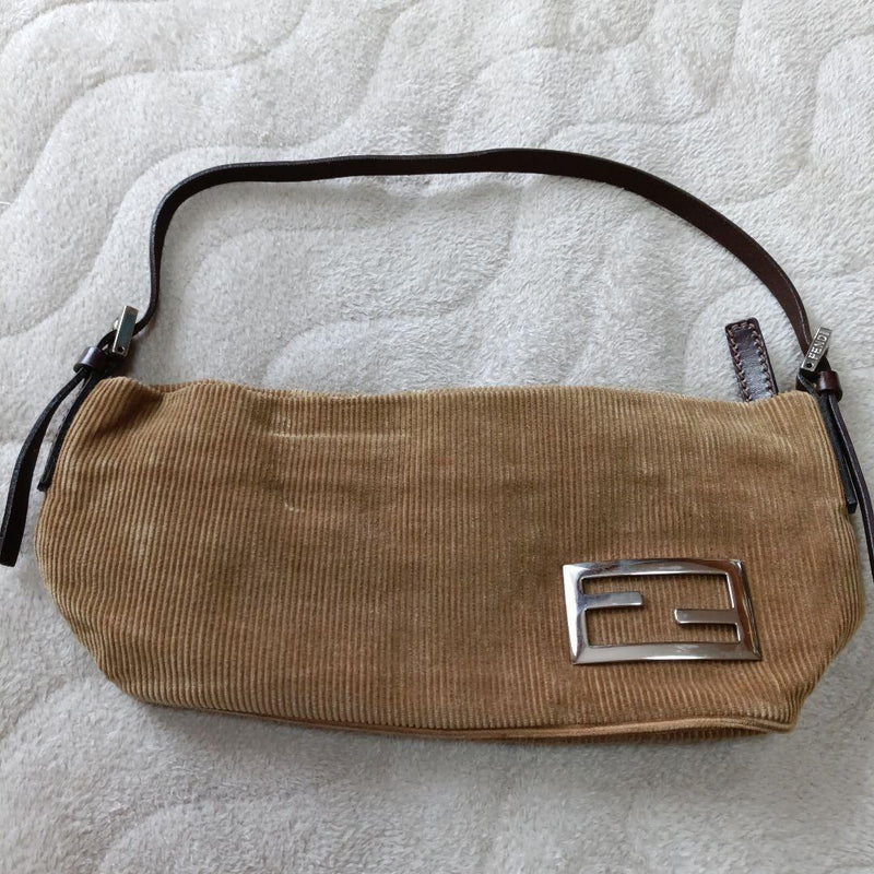 Fendi Handbag Shoulder Bag Corduroy Nylon Leather Beige