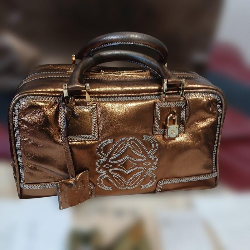 Loewe Amazona 28 Mini Boston Bag Bronze Gold Metallic Leather Handbag