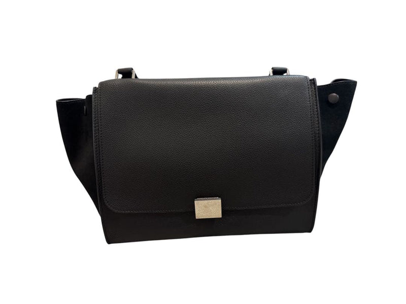 Celine Trapeze Handbag Shoulder Bag Black Leather Suede Silver Hardware