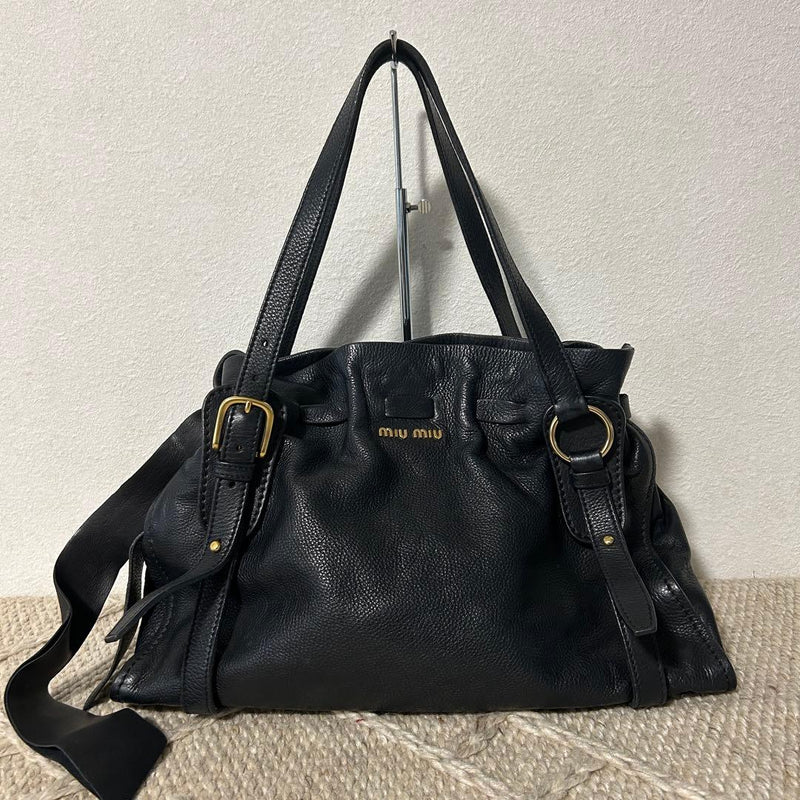 Miu Miu Gathered Leather Handbag Tote Shoulder Bag Black