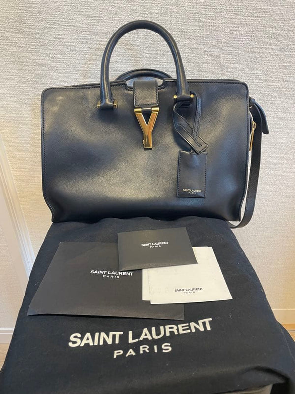 Saint Laurent Paris Y-line Handbag Black Leather Gold Hardware