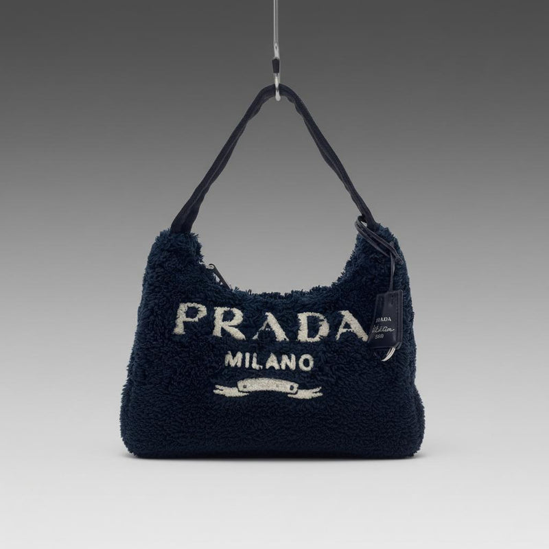 Prada Re-edition 2000 Terry Cloth Mini Bag Handbag Navy Blue Embroidered Logo