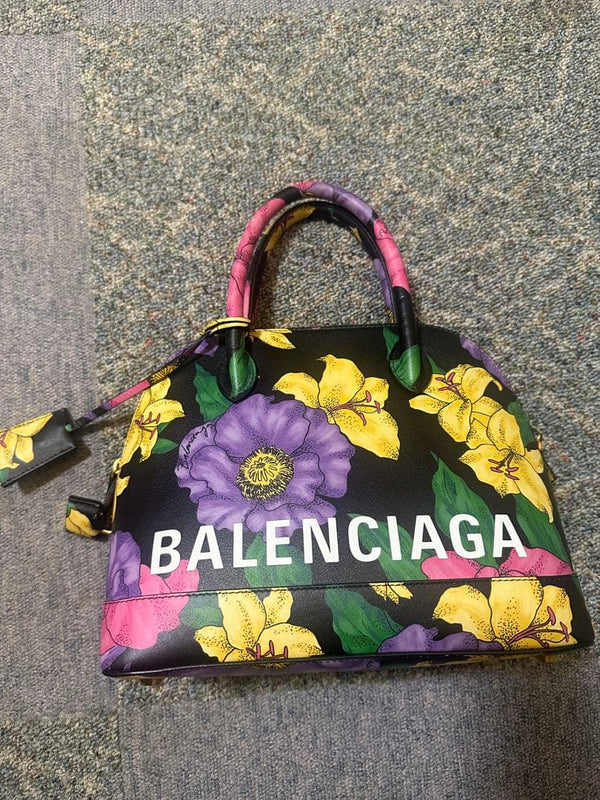 Balenciaga Ville Top Handle Bag Flower Print Black Yellow Pink Purple