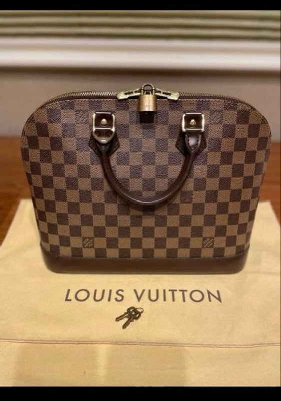 Louis Vuitton Alma Pm Handbag Damier Ebene Leather Brown Red Gold Hardware