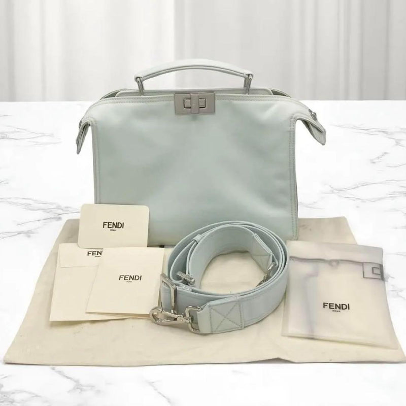 Fendi I See U Small Peekaboo 7VA530 2way Handbag Shoulder Bag Leather Nylon Blue