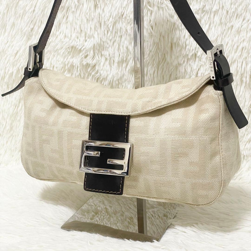 Fendi Mamma Baguette Shoulder Bag Ff Pattern Beige Canvas Leather Ivory