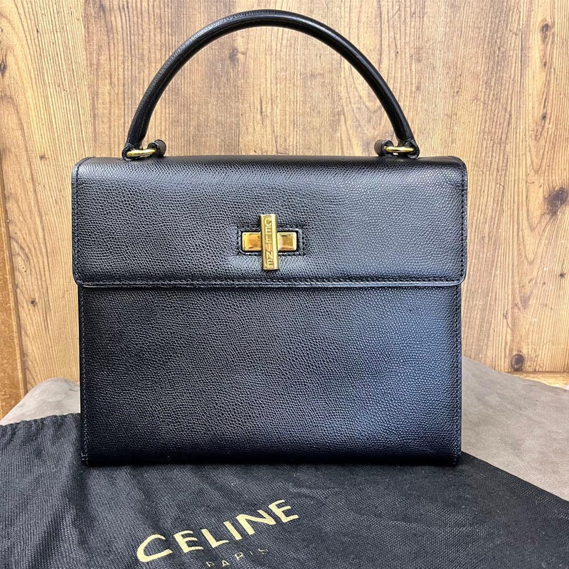 Celine 2-Way Handbag Shoulder Bag Black Leather Metal Hardware