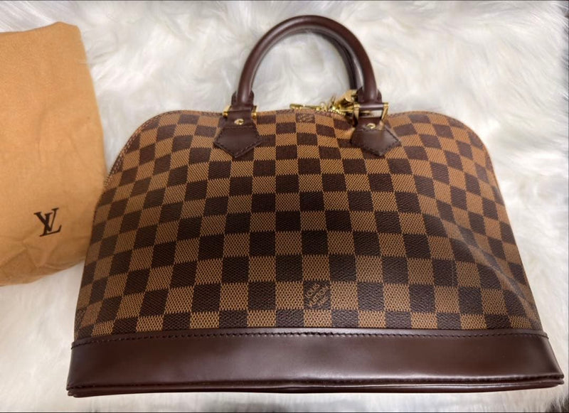Louis Vuitton Damier Canvas Handbag Brown Leather Handles