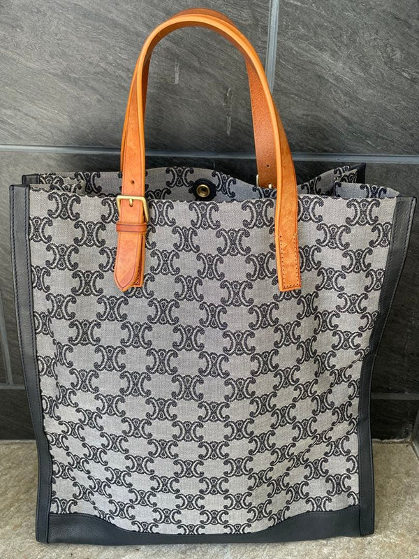 Celine Blazon Oversized Shopper Tote Bag Canvas Leather Navy Blue